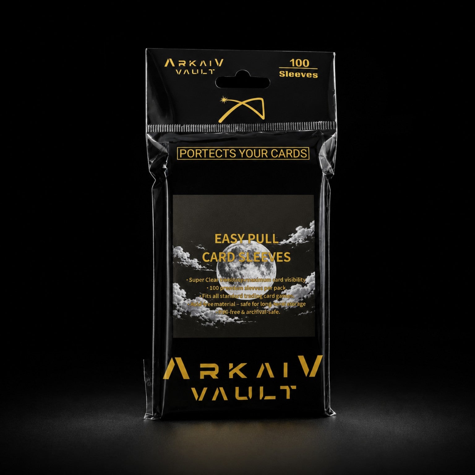 ArkaiV Vault 100-piece Easy Pull Card Sleeves — premium clear acid-free sleeves with smooth pull tabs